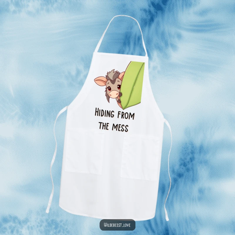 Funny Wildebeest Apron: Humorous apron with a playful wildebeest peeking from behind a leaf, perfect for chefs with a sense of fun, a funny gift.