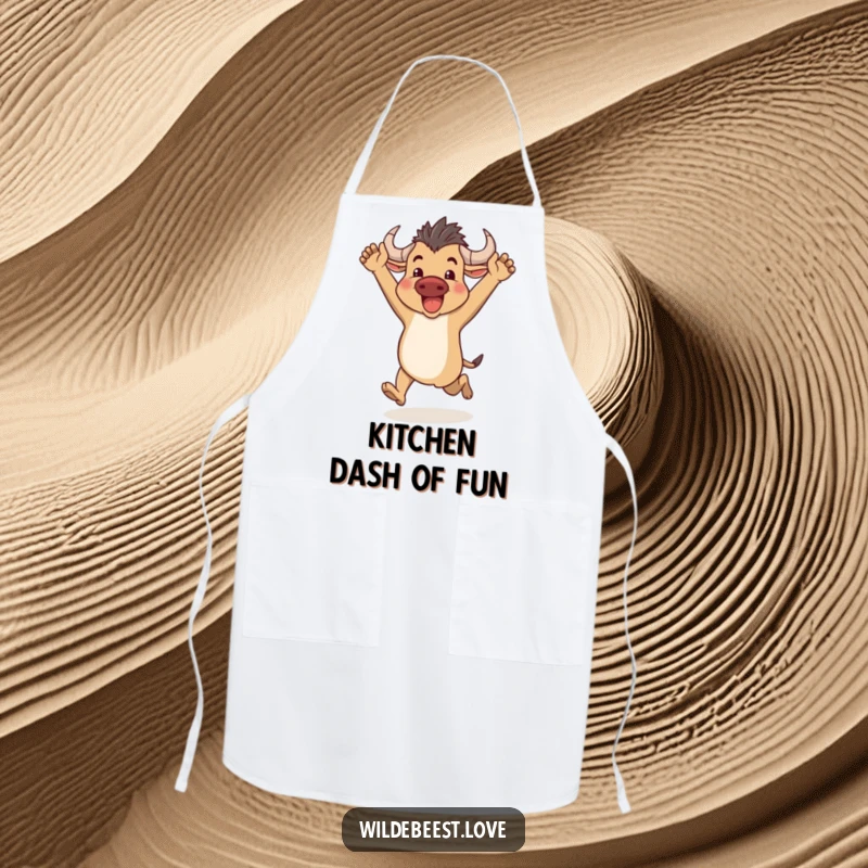 Funny Wildebeest Apron: Humorous apron showing an enthusiastic wildebeest running with arms raised, perfect for active cooks, a funny gift.