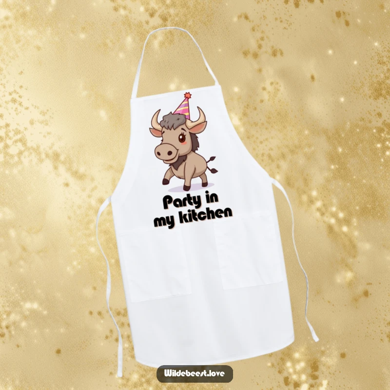 Funny Wildebeest Apron: Humorous apron with a bouncing wildebeest in a party hat, ideal for hosts who love to celebrate, a funny gift.