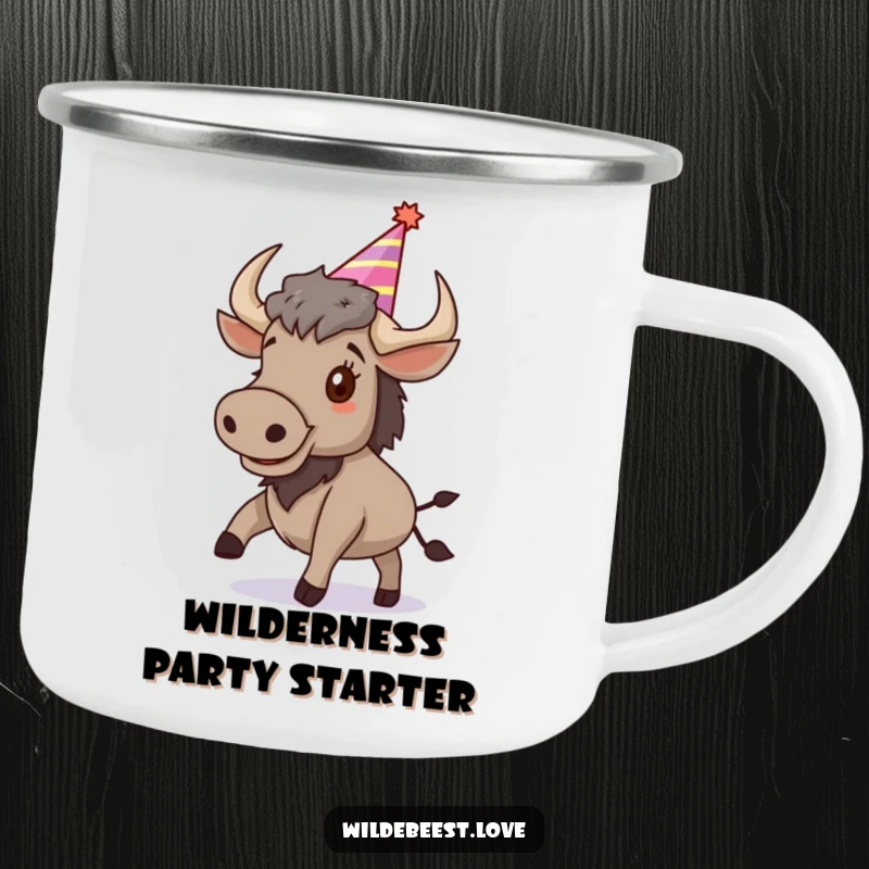 Funny Wildebeest Camping Mug: Durable mug with a bouncing wildebeest in a party hat, ready for any outdoor celebration, a funny gift.