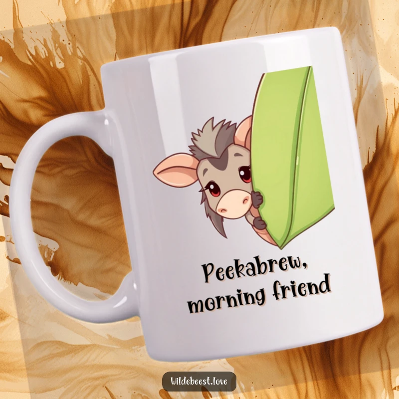 Funny Wildebeest Peeking Mug: A cute wildebeest playfully peeks from behind a large leaf, offering a fun surprise greeting, a great funny gift.
