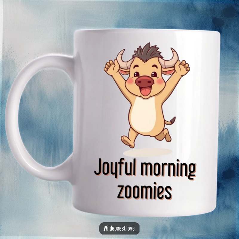 Funny Wildebeest Running Mug: A happy wildebeest runs with arms raised in pure exhilaration, symbolizing freedom and joy, a great funny gift.
