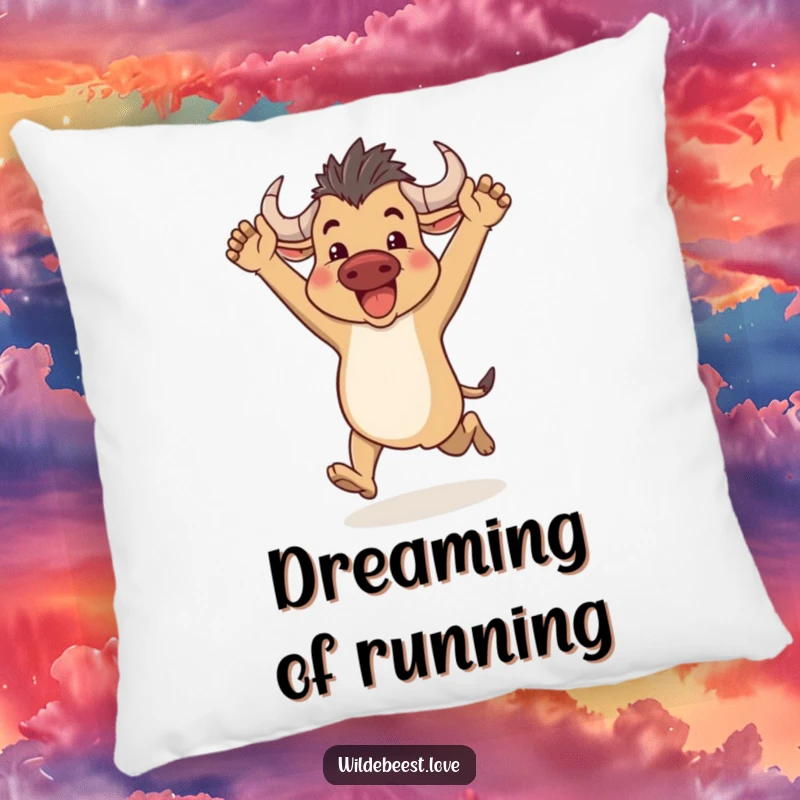 Funny Wildebeest Pillow: Soft pillow featuring a happy wildebeest running with arms up, bringing comfort and cheer, a cozy funny gift.
