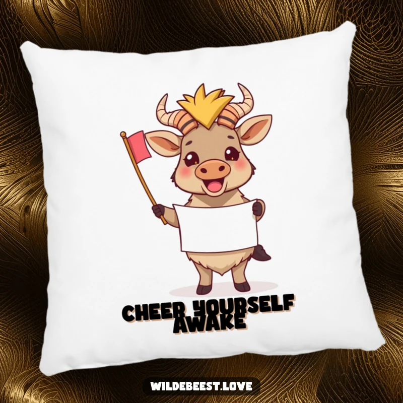 Funny Wildebeest Pillow: Soft pillow featuring a cheerful wildebeest holding a tiny banner, offering comfort and support, a cozy funny gift.