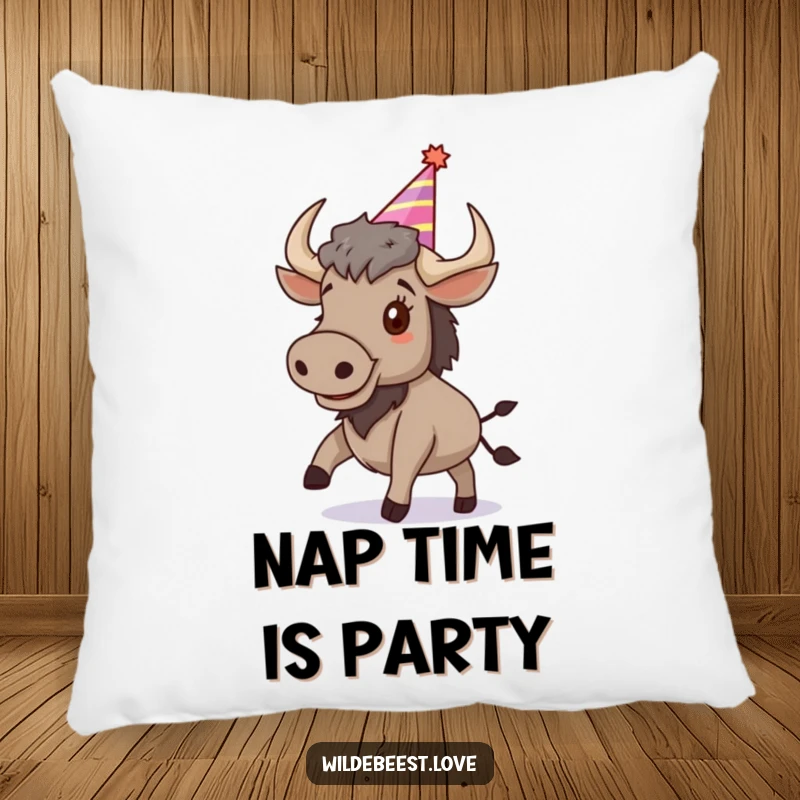 Funny Wildebeest Pillow: Soft pillow featuring a joyful wildebeest in a party hat, bouncing with excitement, a comfy funny gift.