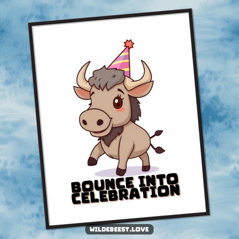 Funny Wildebeest Digital Art Print: A joyful wildebeest in a party hat bounces energetically, perfect for festive decor, a downloadable funny gift.