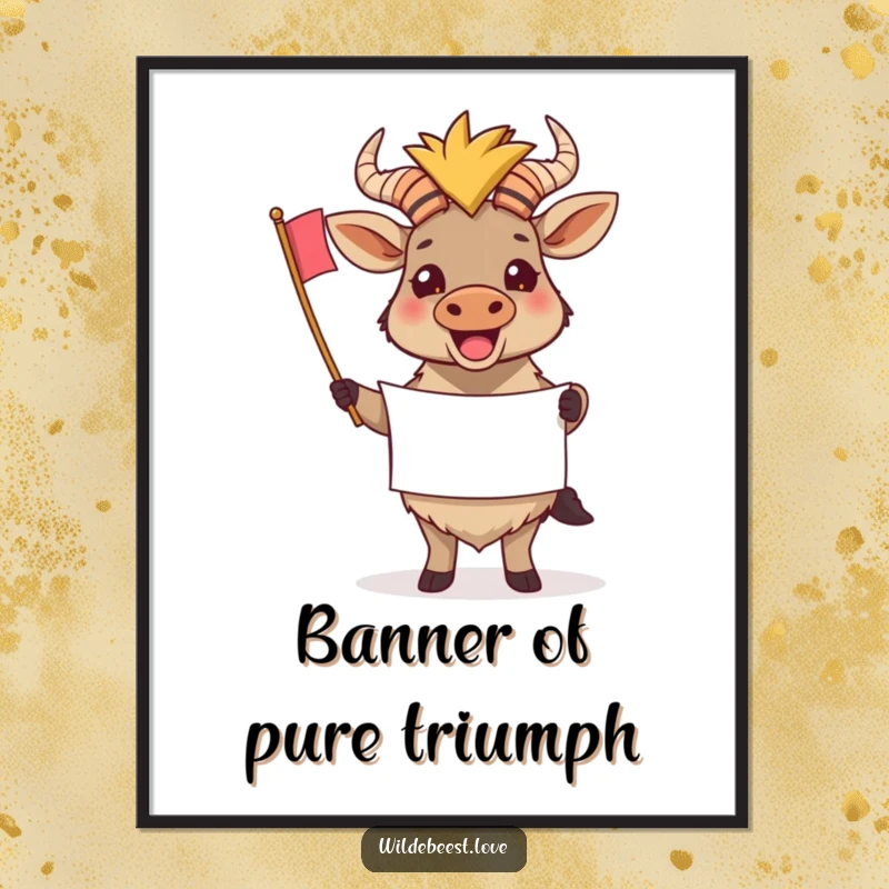 Funny Wildebeest Digital Art Print: A cheering wildebeest holds a tiny banner, symbolizing support and celebration, perfect for festive decor, a downloadable funny gift.