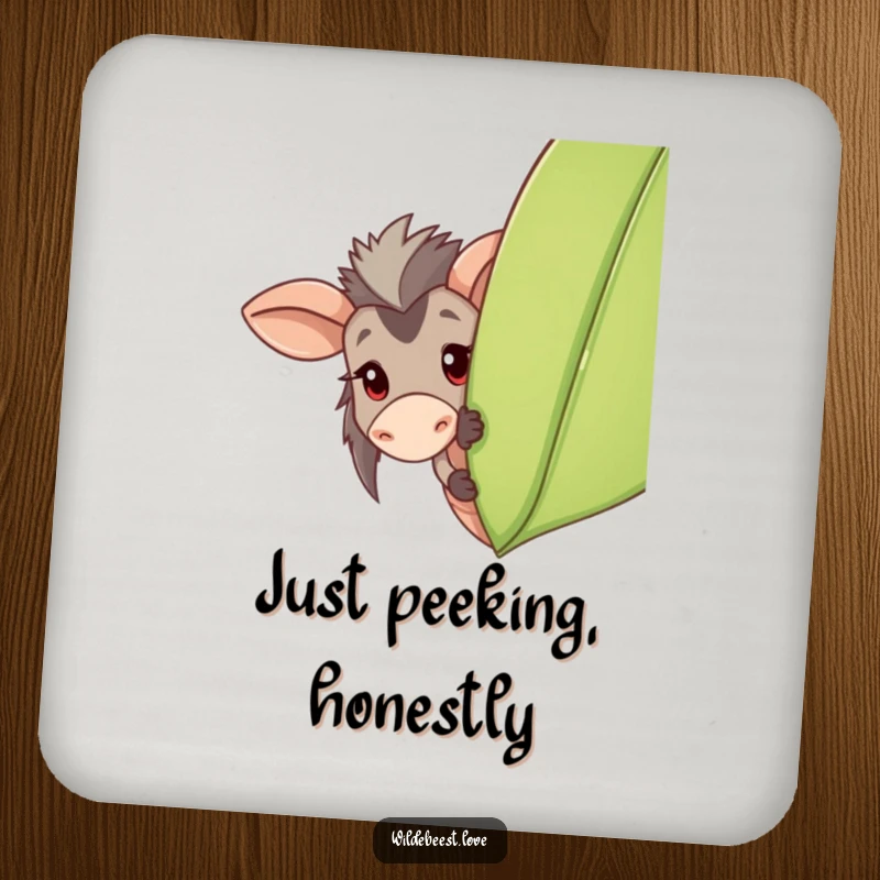 Funny Wildebeest Coaster: Features a playful wildebeest peeking from behind a leaf, protecting surfaces with charm, a funny gift.
