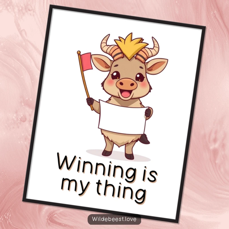 Funny Wildebeest Poster: Art of a cheerful wildebeest holding a tiny banner, symbolizing support and celebration, a great funny gift.