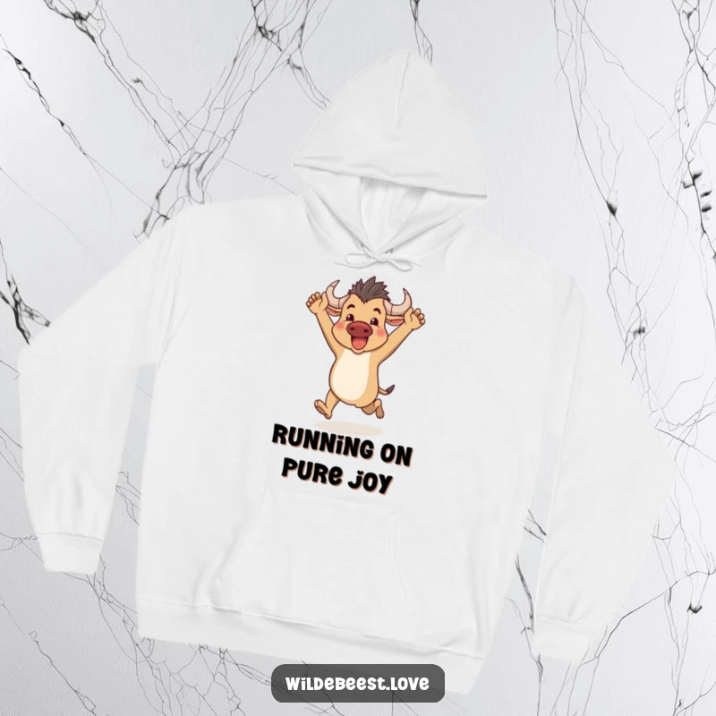 Funny Wildebeest Hoodie: Comfortable hoodie featuring a happy wildebeest running enthusiastically with arms up, promoting joy, a cozy funny gift.