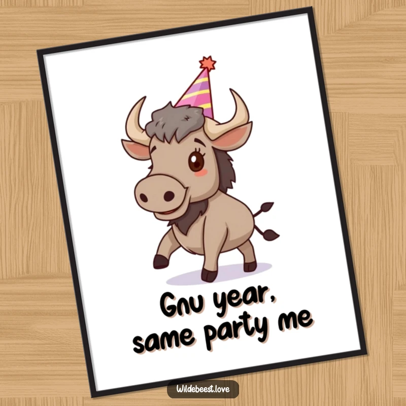 Funny free printable wall art: a wildebeest wearing a party hat joyfully bounces, radiating pure, infectious happiness.