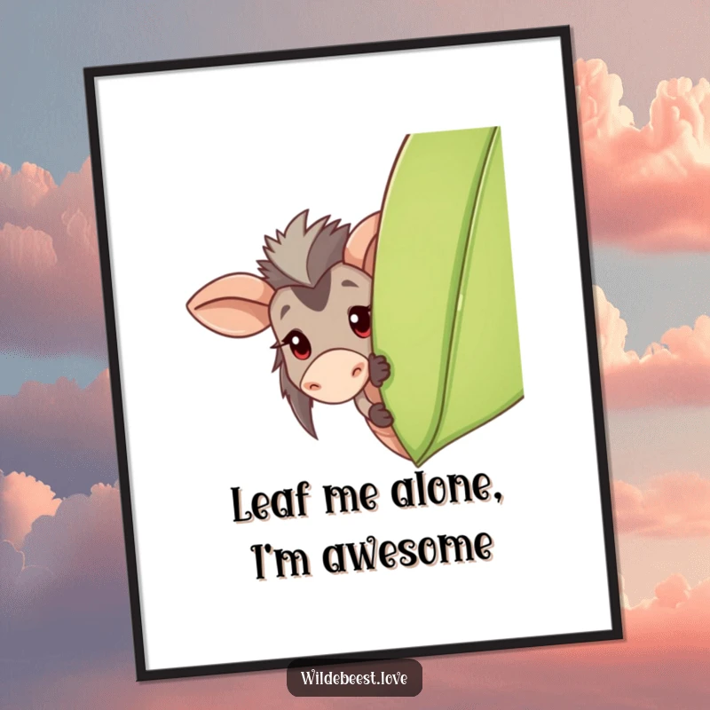 Funny free printable wall art: a cute wildebeest playfully peeks from behind a large leaf, adding a touch of whimsy.