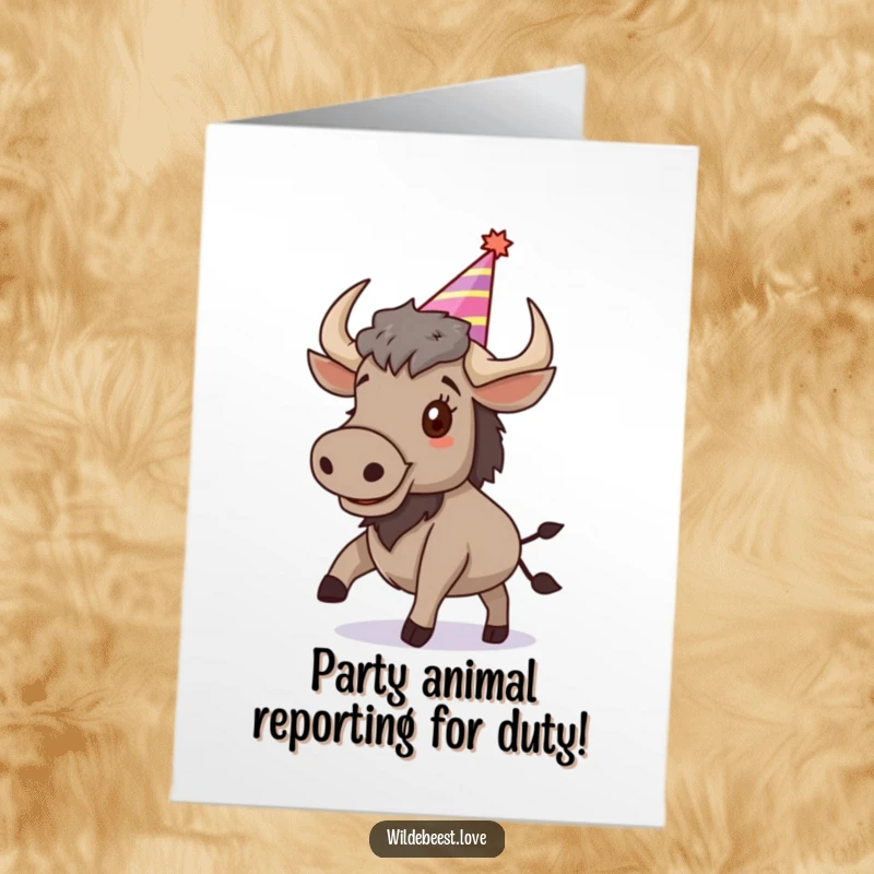 Funny free printable birthday card: a jubilant wildebeest in a party hat bounces with pure birthday excitement.