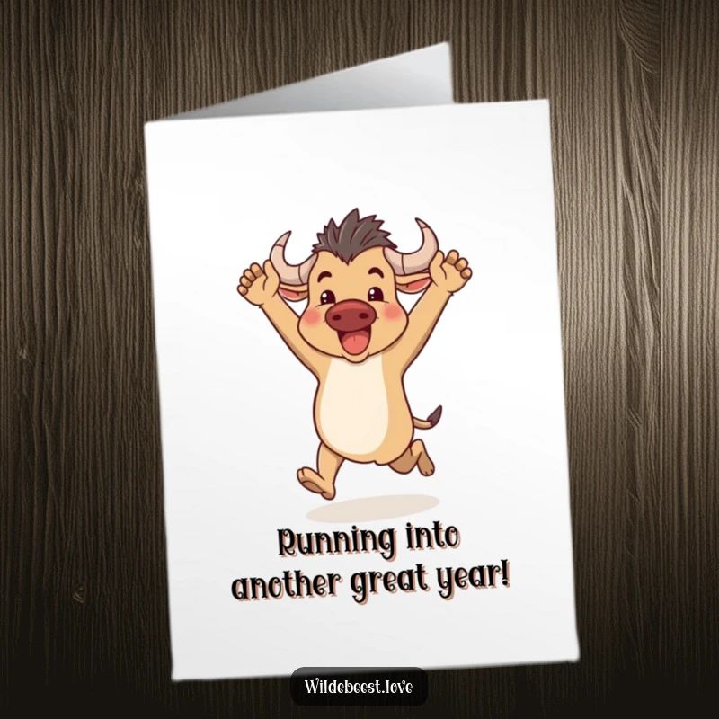 Funny free printable birthday card: a joyful wildebeest sprints with arms raised high in pure birthday exhilaration.