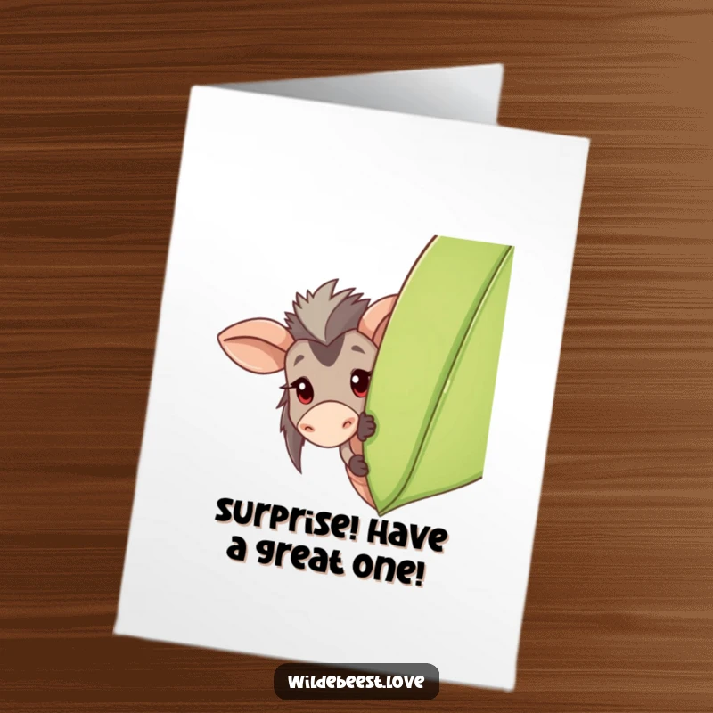 Funny free printable birthday card: a playful wildebeest peeks curiously from behind a large green leaf.
