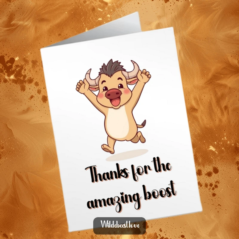 Funny free printable thank you card: a happy wildebeest runs with arms up, conveying energetic gratitude.