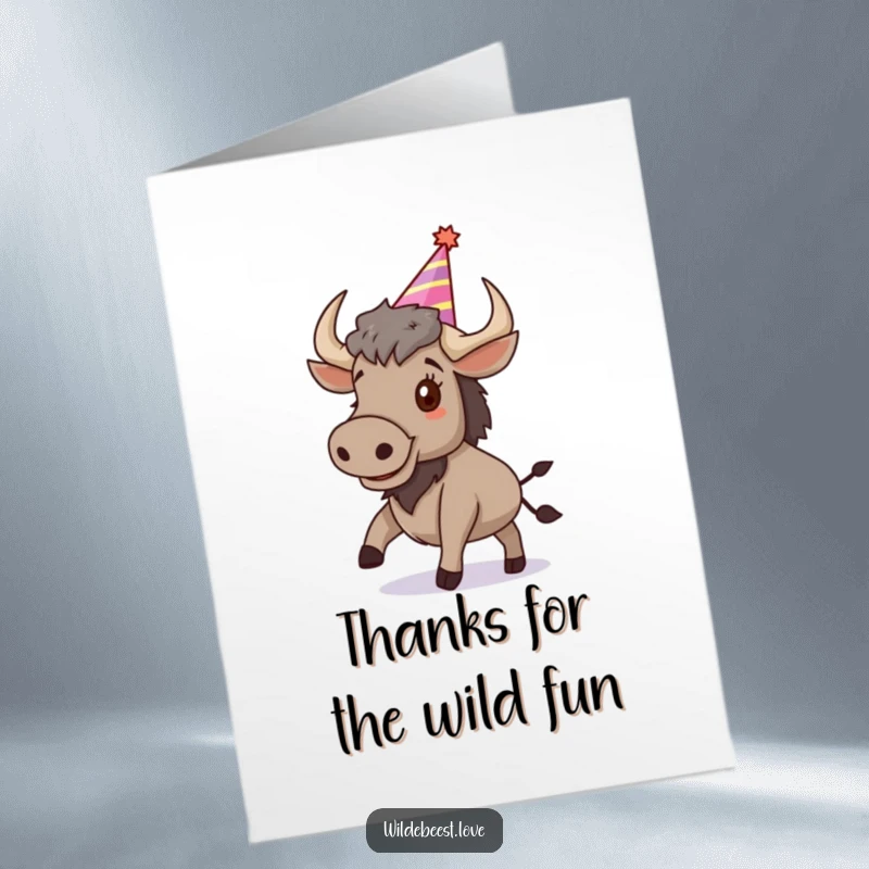 Funny free printable thank you card: a happy wildebeest in a party hat bounces to show appreciation.