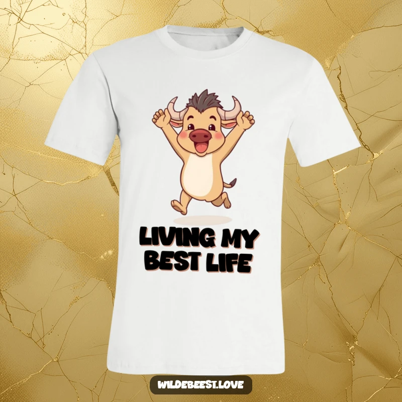 Funny Wildebeest Running T-Shirt: A delighted wildebeest runs joyfully with arms thrown up, embodying pure energy, a fantastic funny gift.