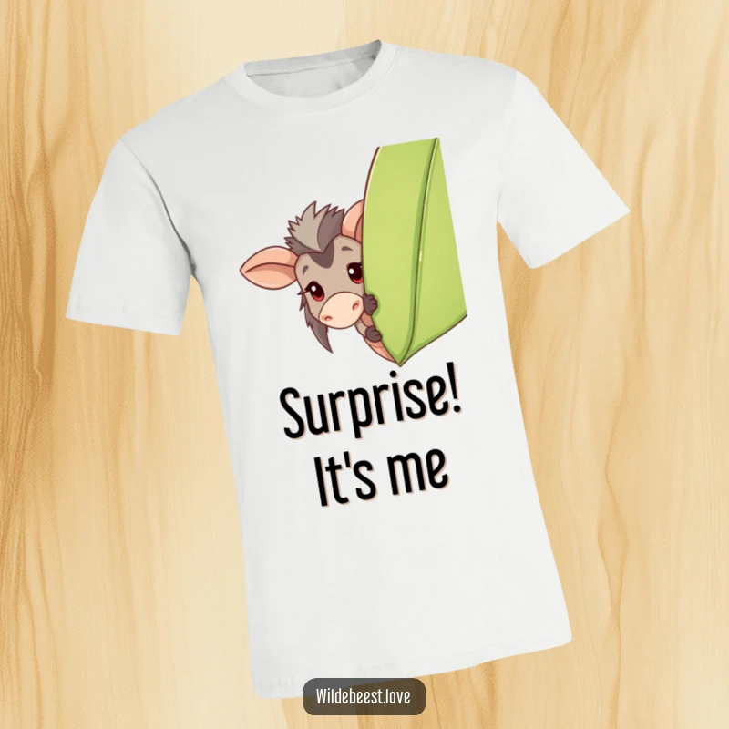 Funny Wildebeest Peeking T-Shirt: A mischievous wildebeest peeks out playfully from behind a large leaf, adding a touch of fun, a great funny gift.