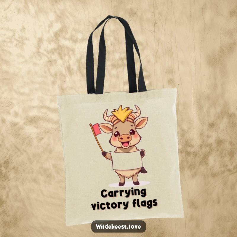 Funny Wildebeest Tote Bag: A vibrant tote bag showing a cheerful wildebeest holding a tiny banner, perfect for supporters, a funny gift.