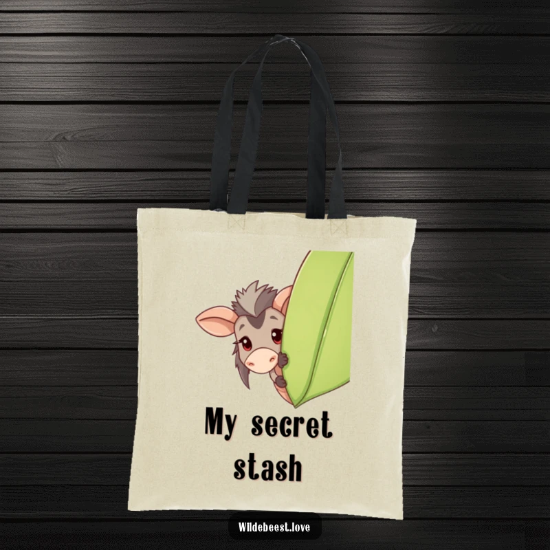 Funny Wildebeest Tote Bag: A cute tote bag showing a playful wildebeest peeking from behind a leaf, perfect for carrying secrets, a funny gift.